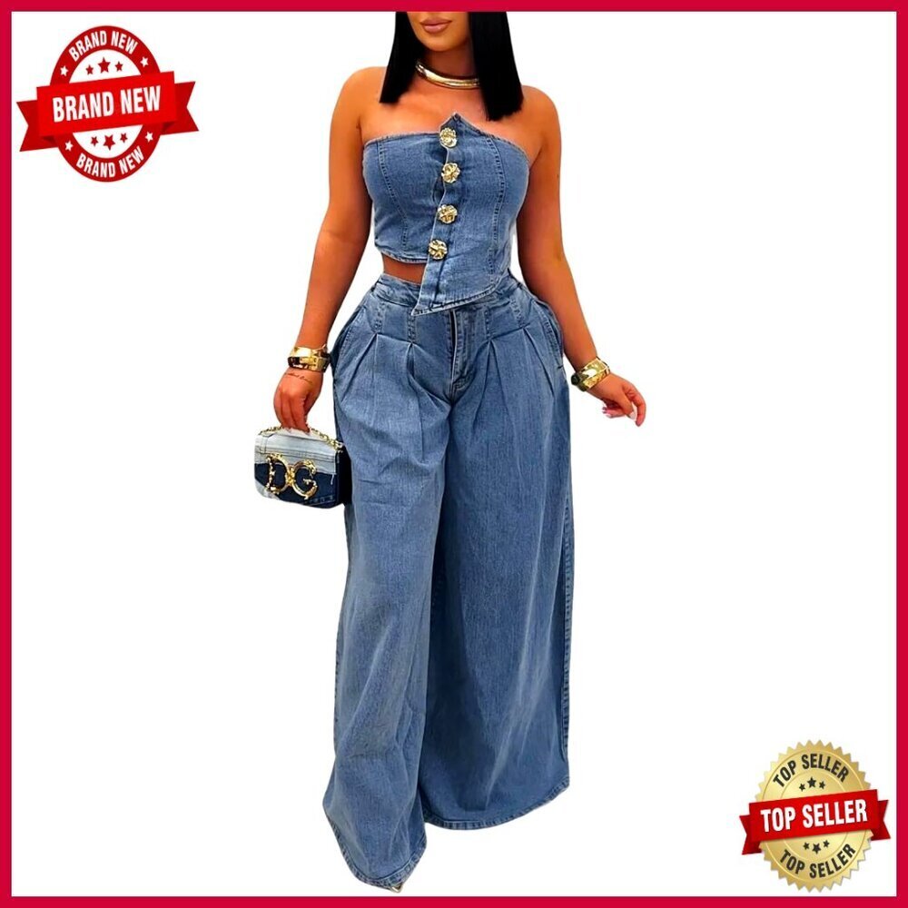 Denim Two Piece Set: Tube Top and Wide Leg Jeans, Size Small
